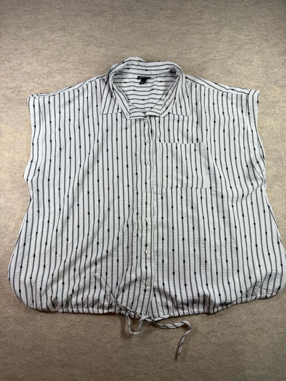 Torrid White and Black Striped Sleeveless Collared Button-Up Tie-Front Top